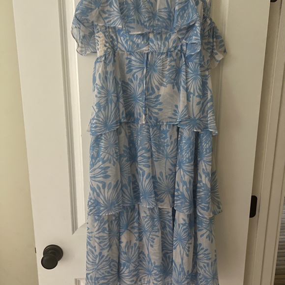 NWT size large Amanda Uprichard off the shoulder blue printed midi dress - Picture 9 of 13